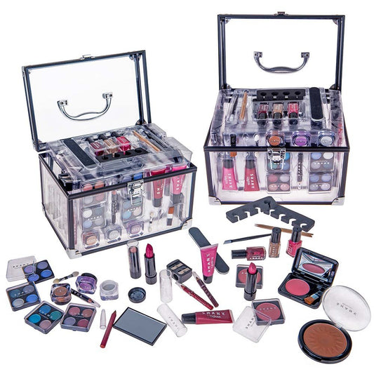 Carry All Trunk Makeup Train Case with Re-Usable Aluminum Makeup Storage Case. Non Toxic Color Make up Set with Eye Palettes, Blushes,Makeup Powders, Manicure, Pedicure and Makeup Brushes.